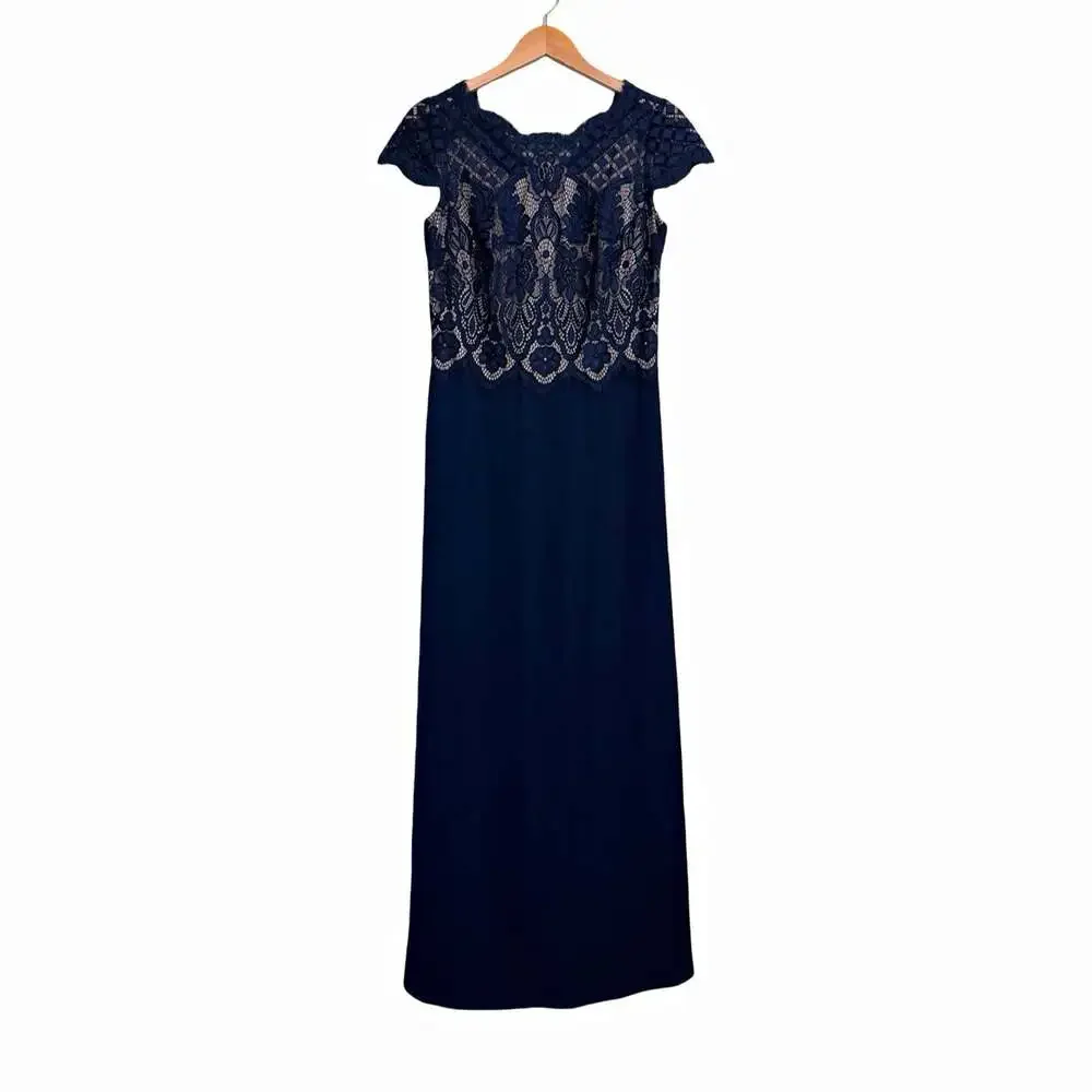 Tadashi Shoji Blue Floral Lace V-Neck Cap Sleeve Long Gown Zip Size 12